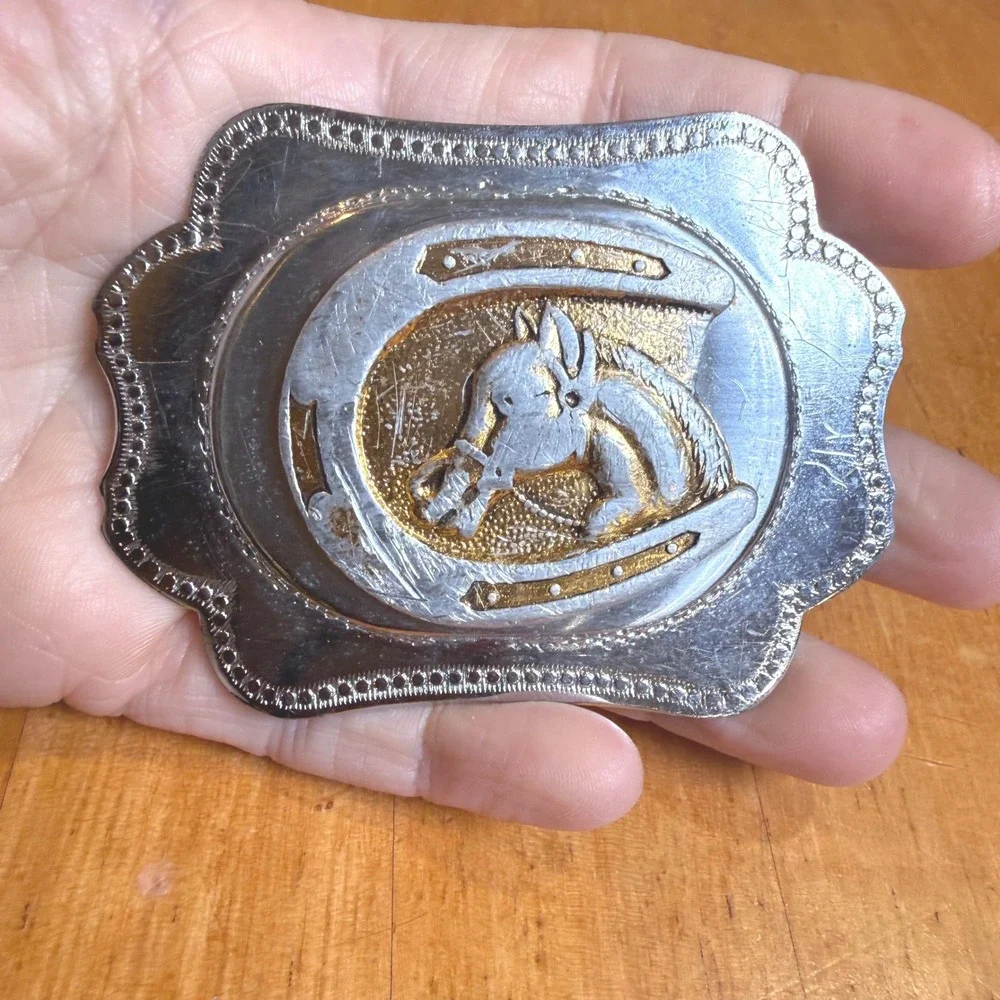 Vintage Horse Head Horseshoe‎ Belt Buckle Two Tone Silver Gold Made in Japan
